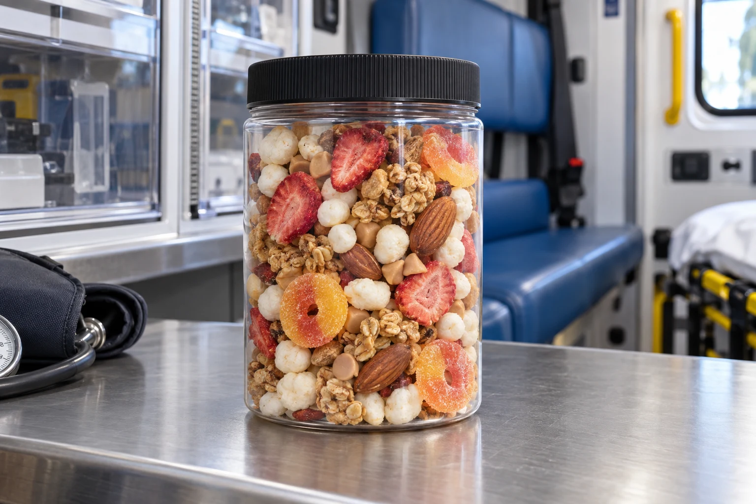 A jar of snack mix on the stainless steel bench inside an ambulance