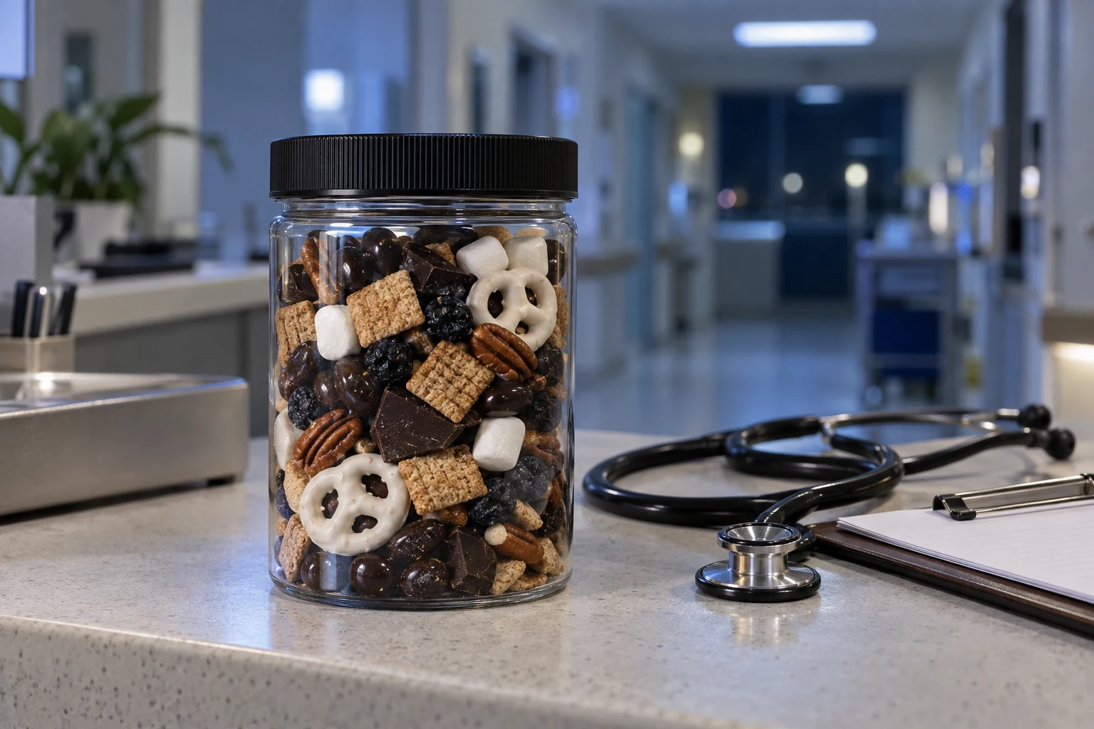 A jar of snack mix at a nurses' station beside a stethoscope