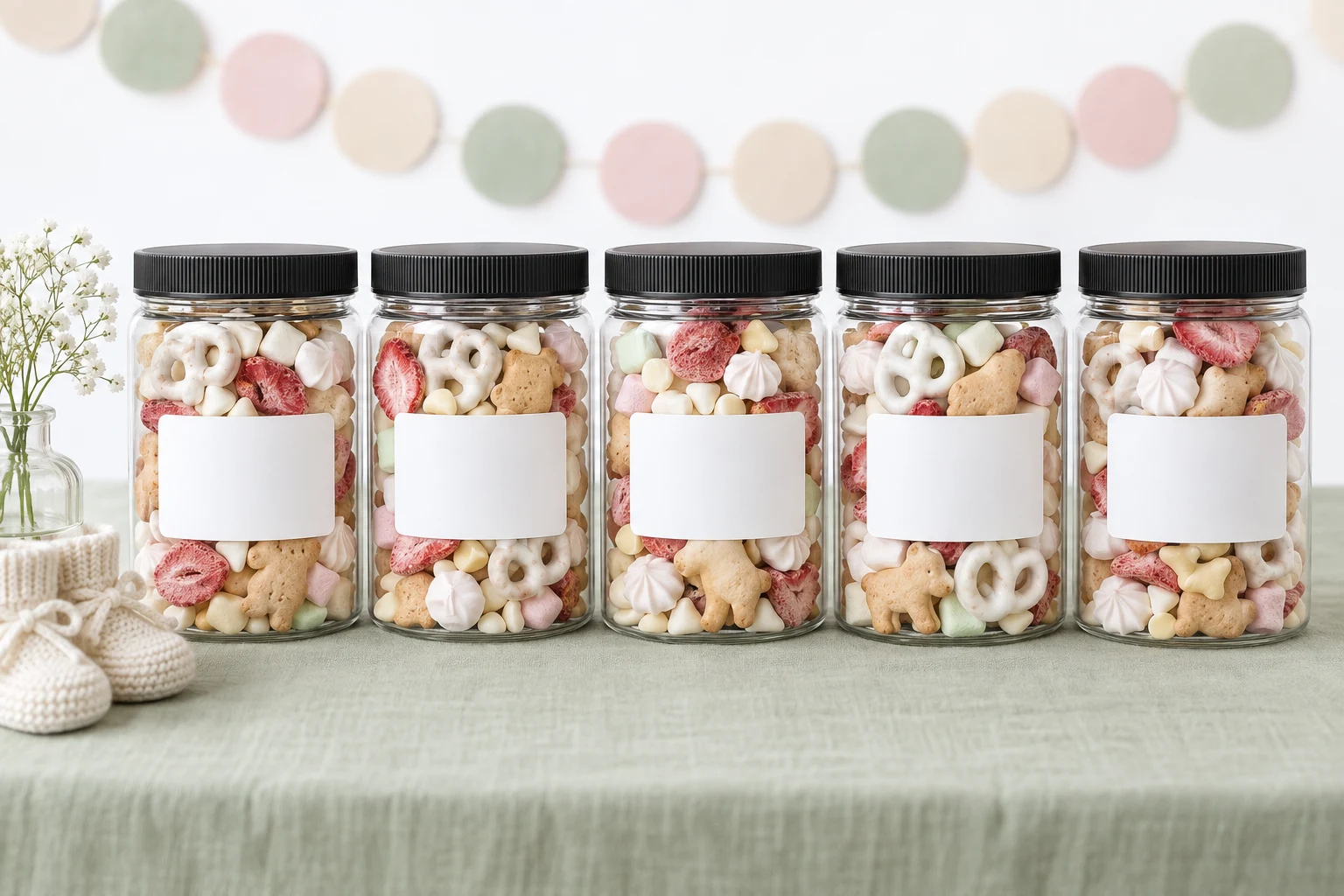 Snack jars with guests' names on the stickers on a pastel table beside a tiny pair of knitted booties