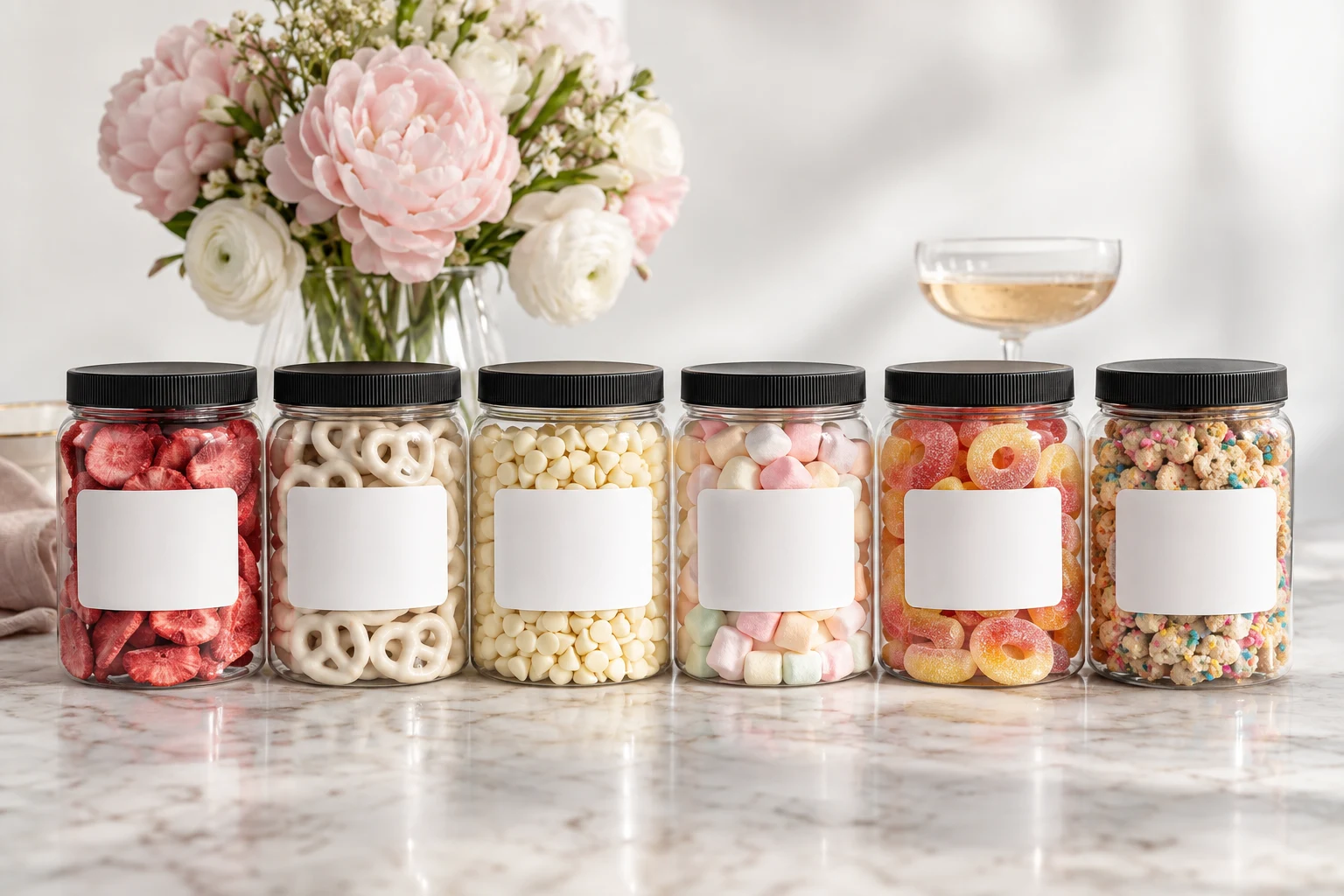 A row of snack jars with different names on the stickers on a marble counter beside a bouquet