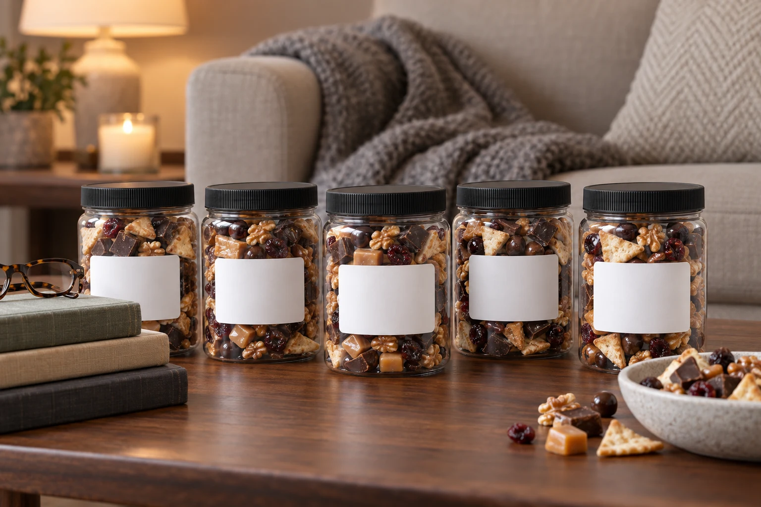 Snack jars with members' names on the stickers on a coffee table beside a stack of novels and reading glasses