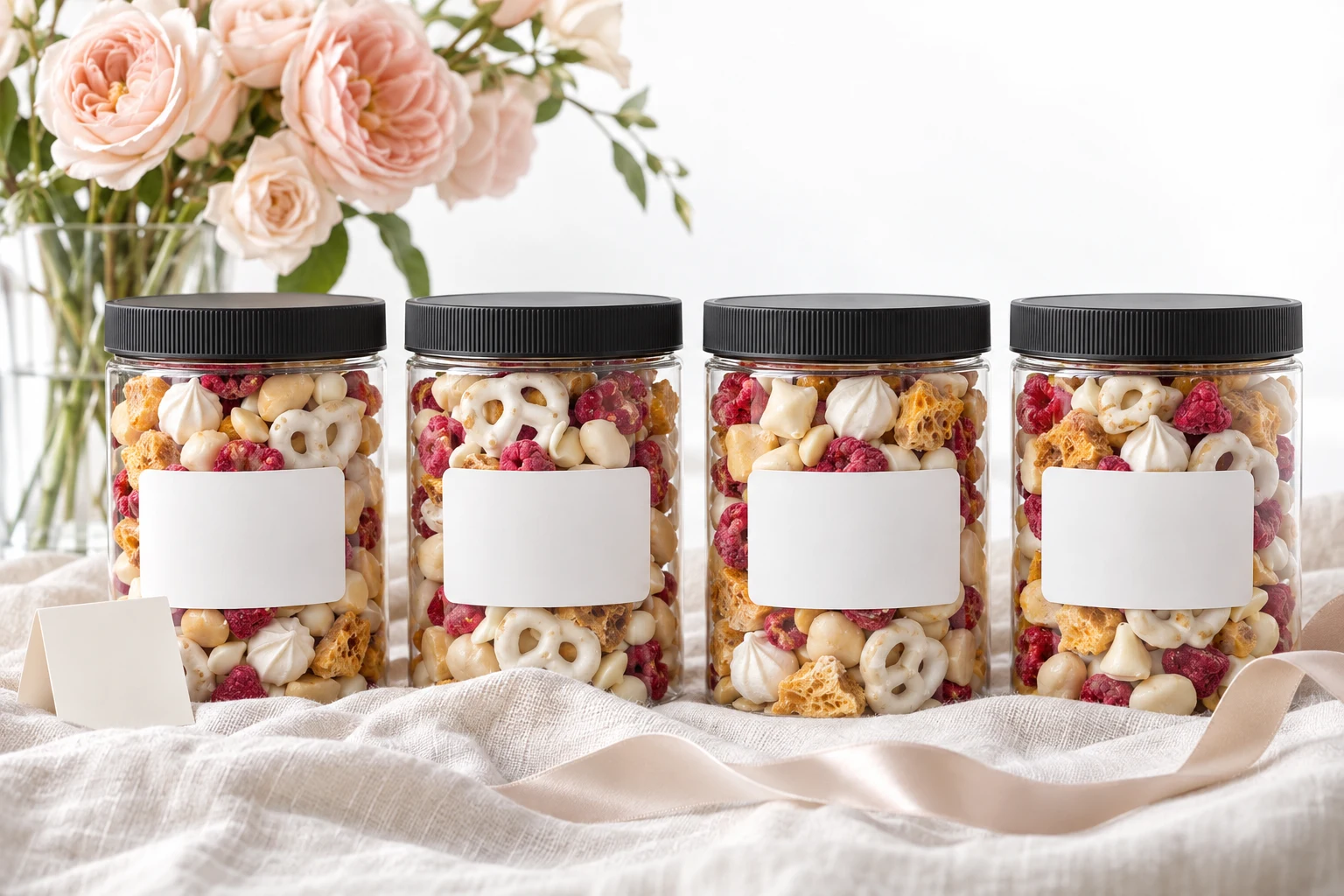 Snack jars with 'will you?' stickers arranged on a linen cloth beside a bouquet and a handwritten card