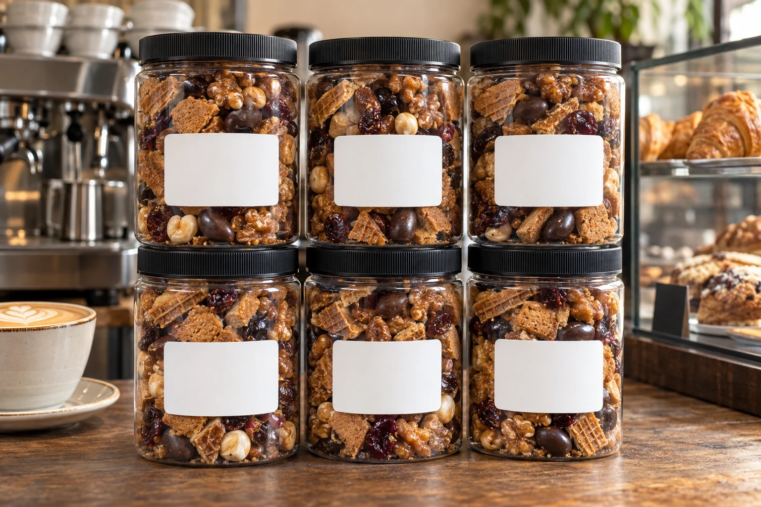 Snack jars with a café's name on the stickers on a wooden counter beside an espresso machine and a pastry case