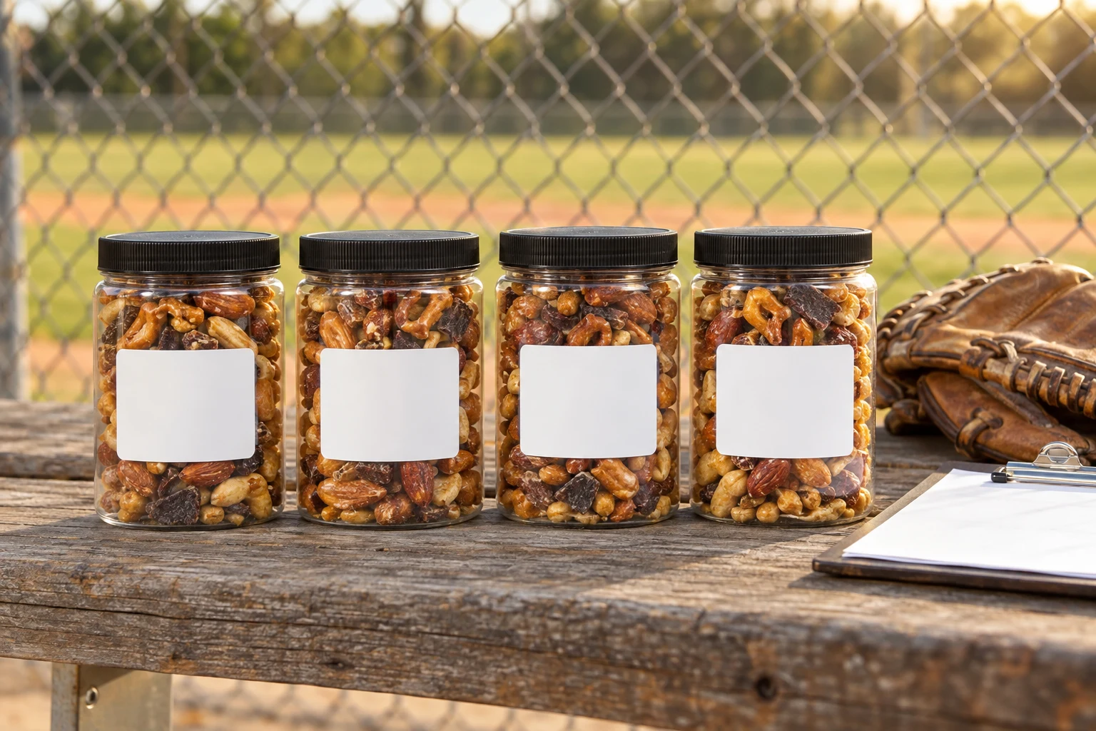 Snack jars with coaches' names on the stickers on a dugout bench beside a baseball glove and a clipboard