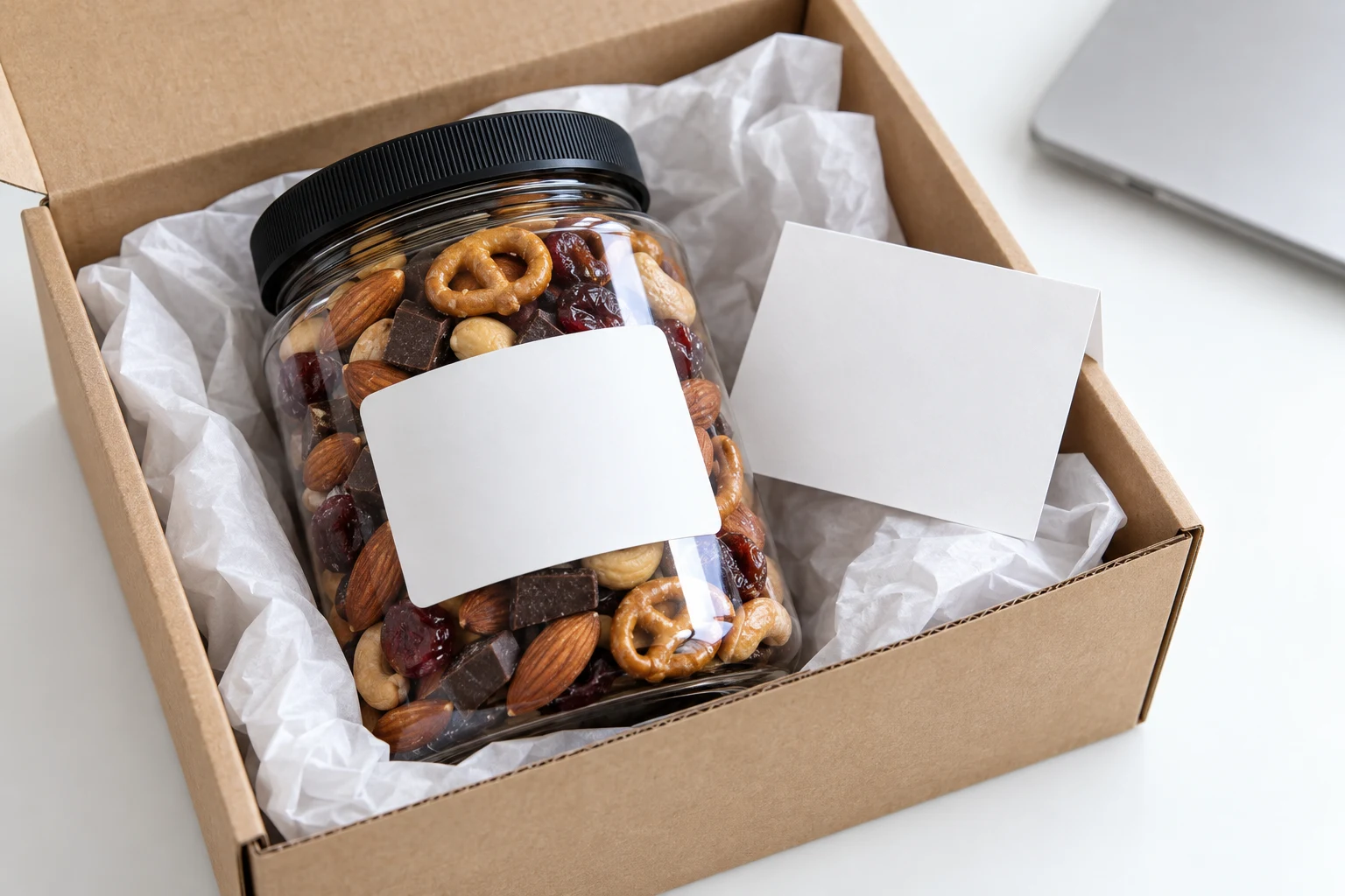 An open kraft gift box with snack jars nested in tissue paper on a white desk