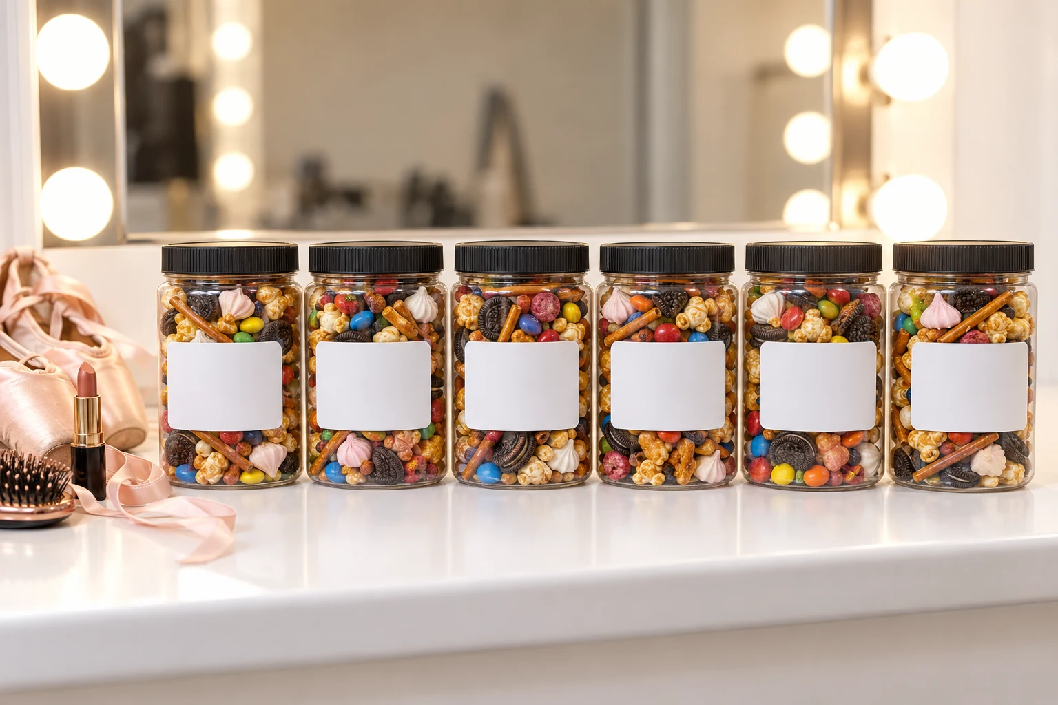 Snack jars with performers' names on the stickers along a dressing-room counter under a row of mirror bulbs