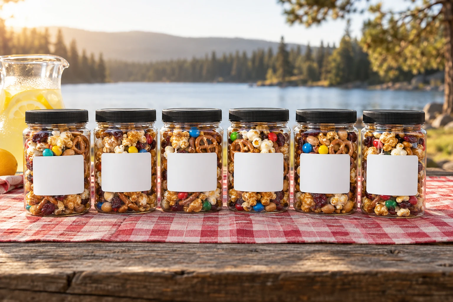 Snack jars with the reunion and a family name on each sticker on a picnic table by a lake