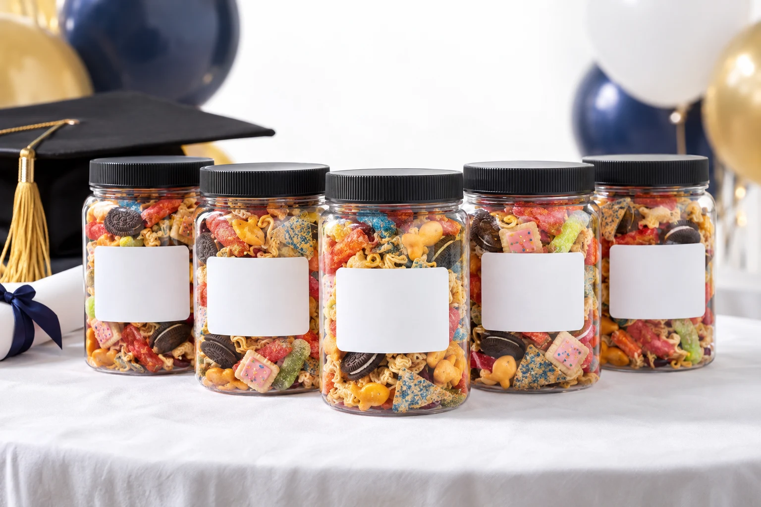 Snack jars with graduates' names on the stickers beside a graduation cap and a rolled diploma tied with ribbon