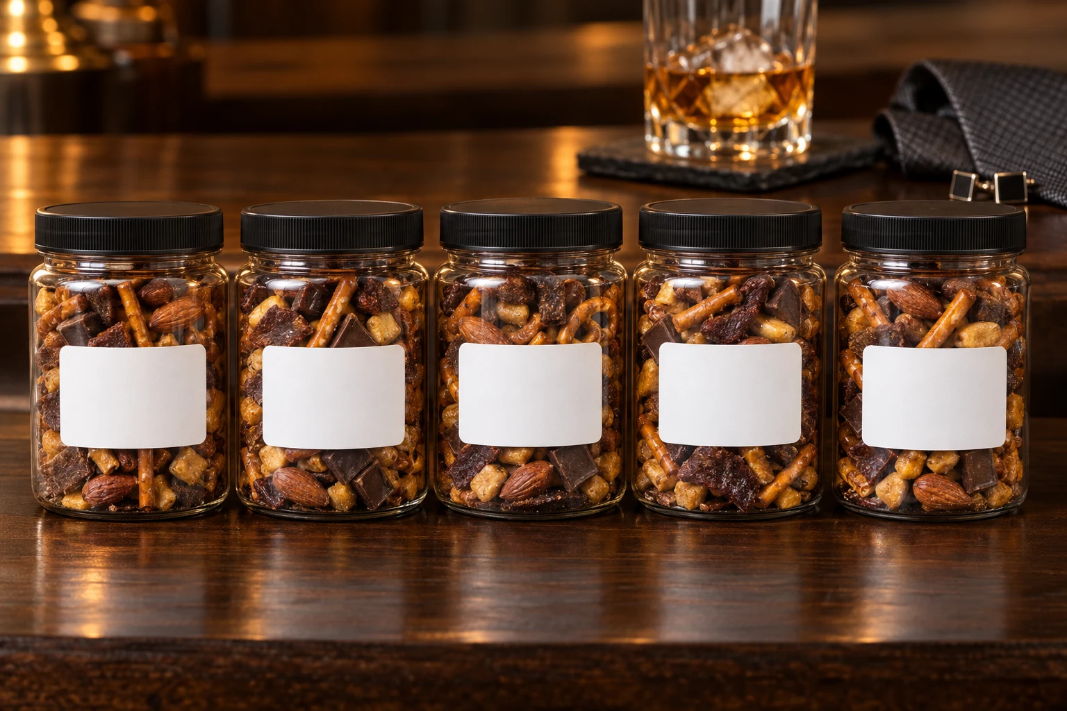 Snack jars with names on the stickers lined up on a dark wood bar beside a folded tie