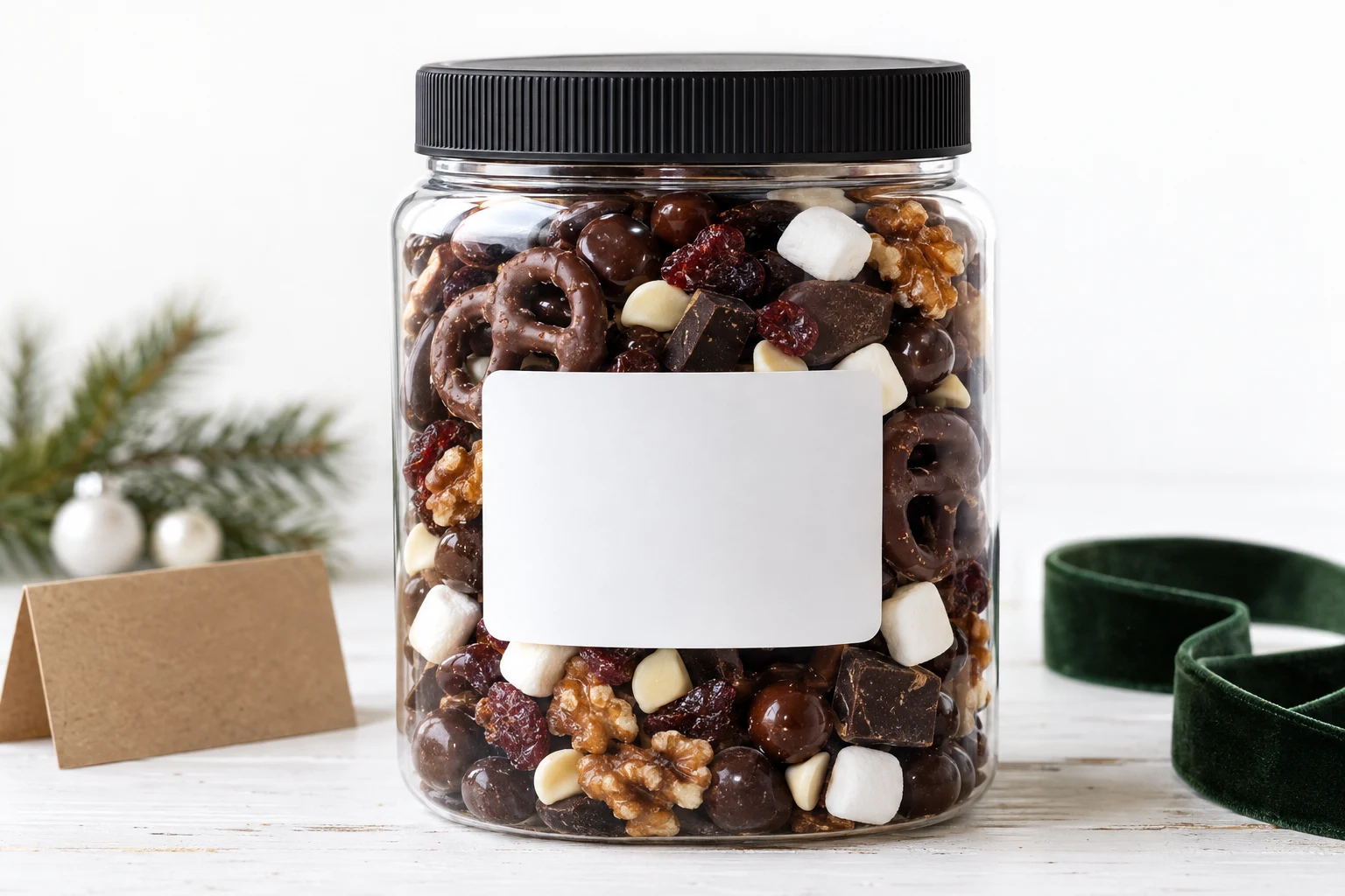A snack jar with a name on the sticker beside a folded card and a length of ribbon on a white table