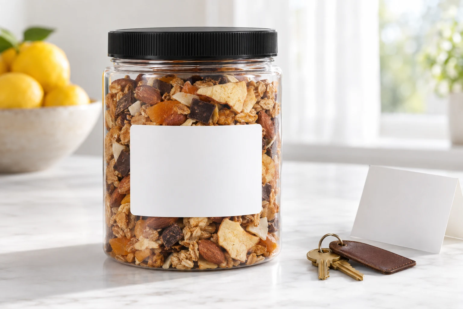 A snack jar with a property name on the sticker on a bright kitchen counter beside a set of keys and a folded welcome note