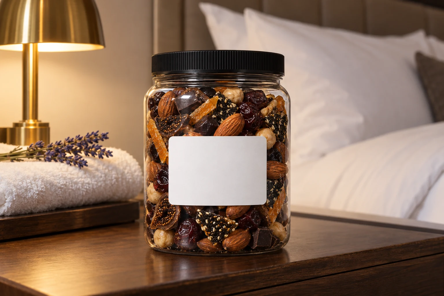 A snack jar with an inn's name on the sticker on a hotel nightstand beside a folded white towel and a brass lamp