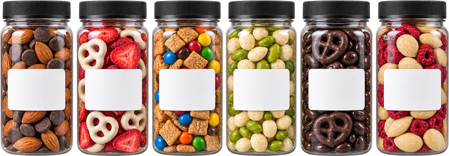 Six custom snack jars in a row, each wearing a different printed sticker