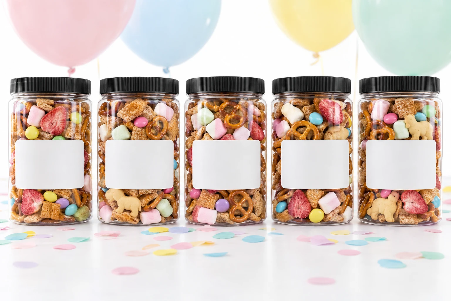 Snack jars with kids' names on the stickers lined up on a party table with a scatter of confetti