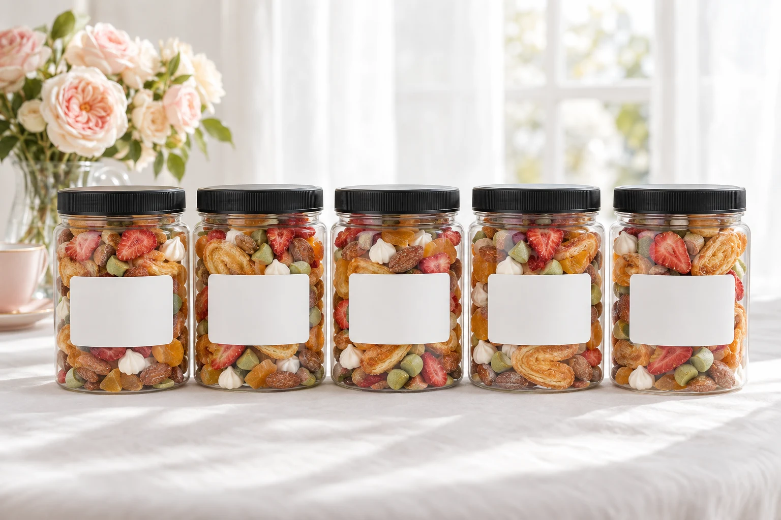 Snack jars with moms' names on the stickers on a sunlit table beside a bunch of garden roses and a cup of tea
