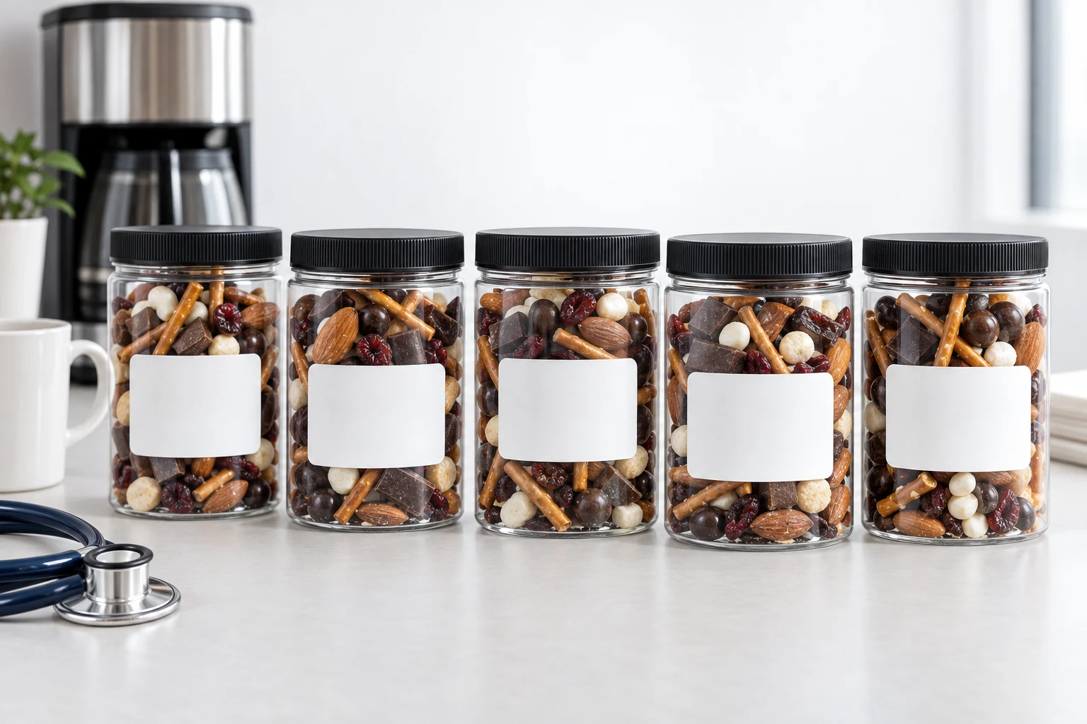 Snack jars with nurses' names on the stickers on a break-room counter beside a coffee mug and a stethoscope