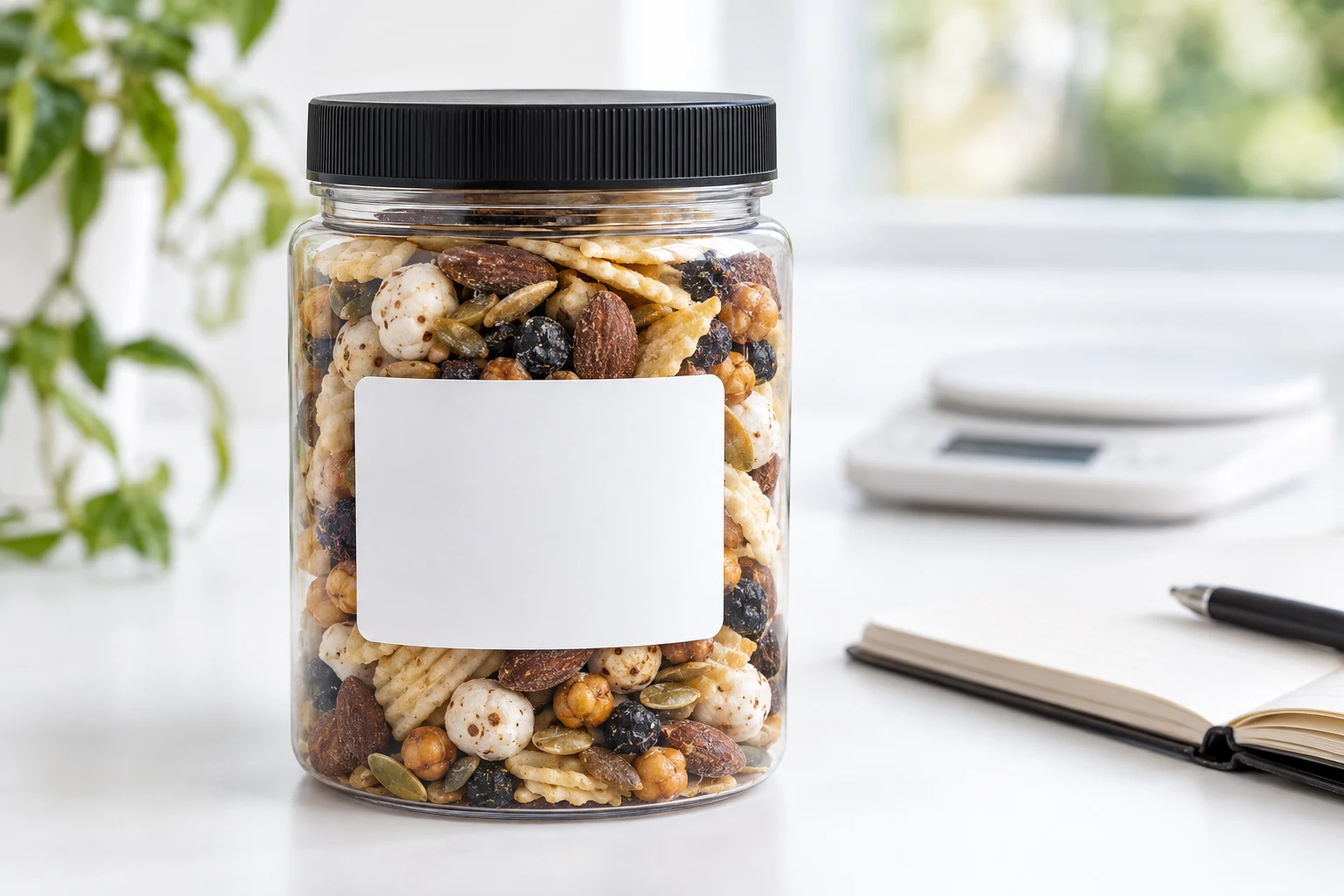 A jar of protein snack mix on a bright desk beside a food scale and an open notebook