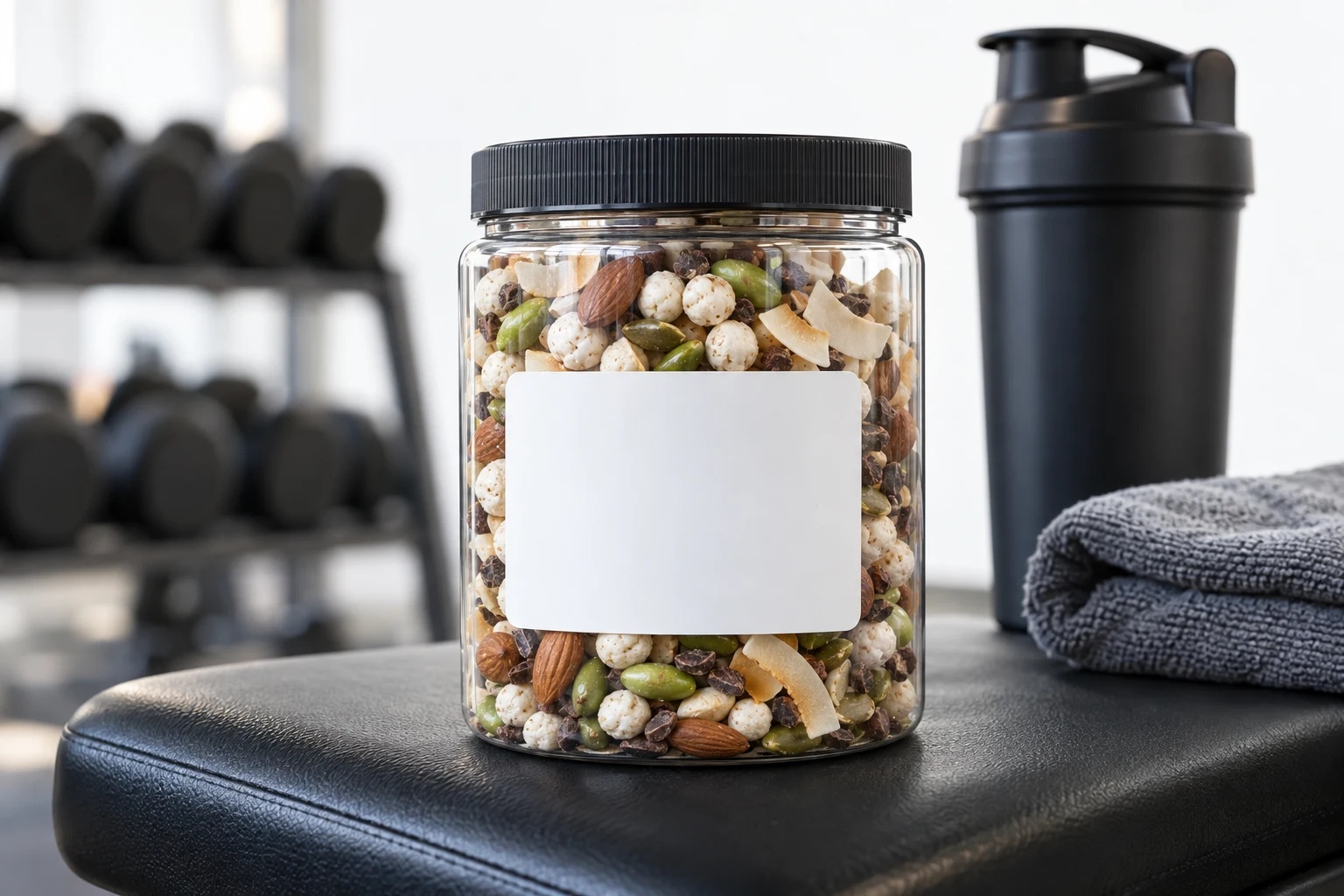 A jar of protein snack mix on a gym bench beside a shaker bottle and a folded towel