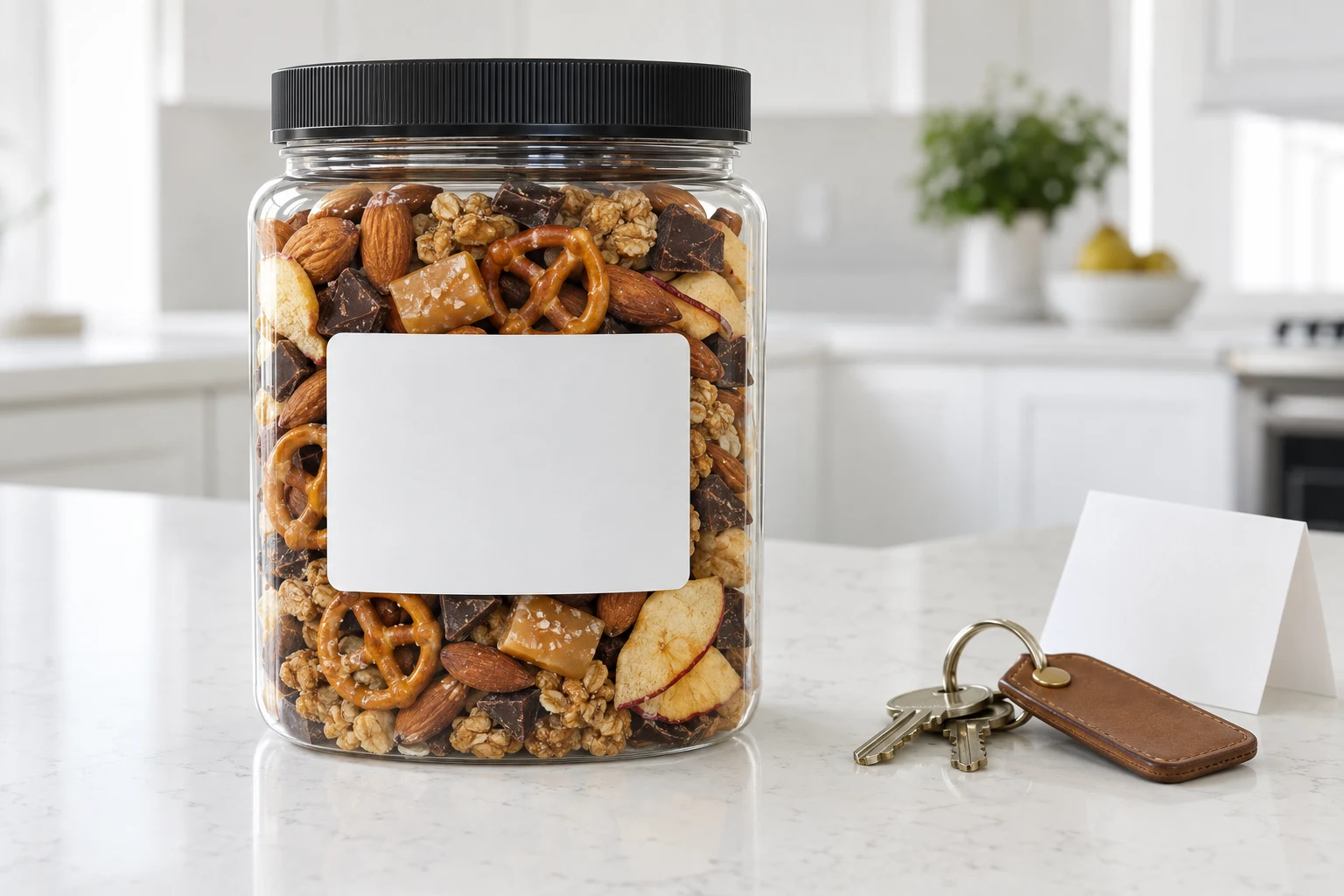 A snack jar on a bare new kitchen counter beside a set of house keys and a folded card
