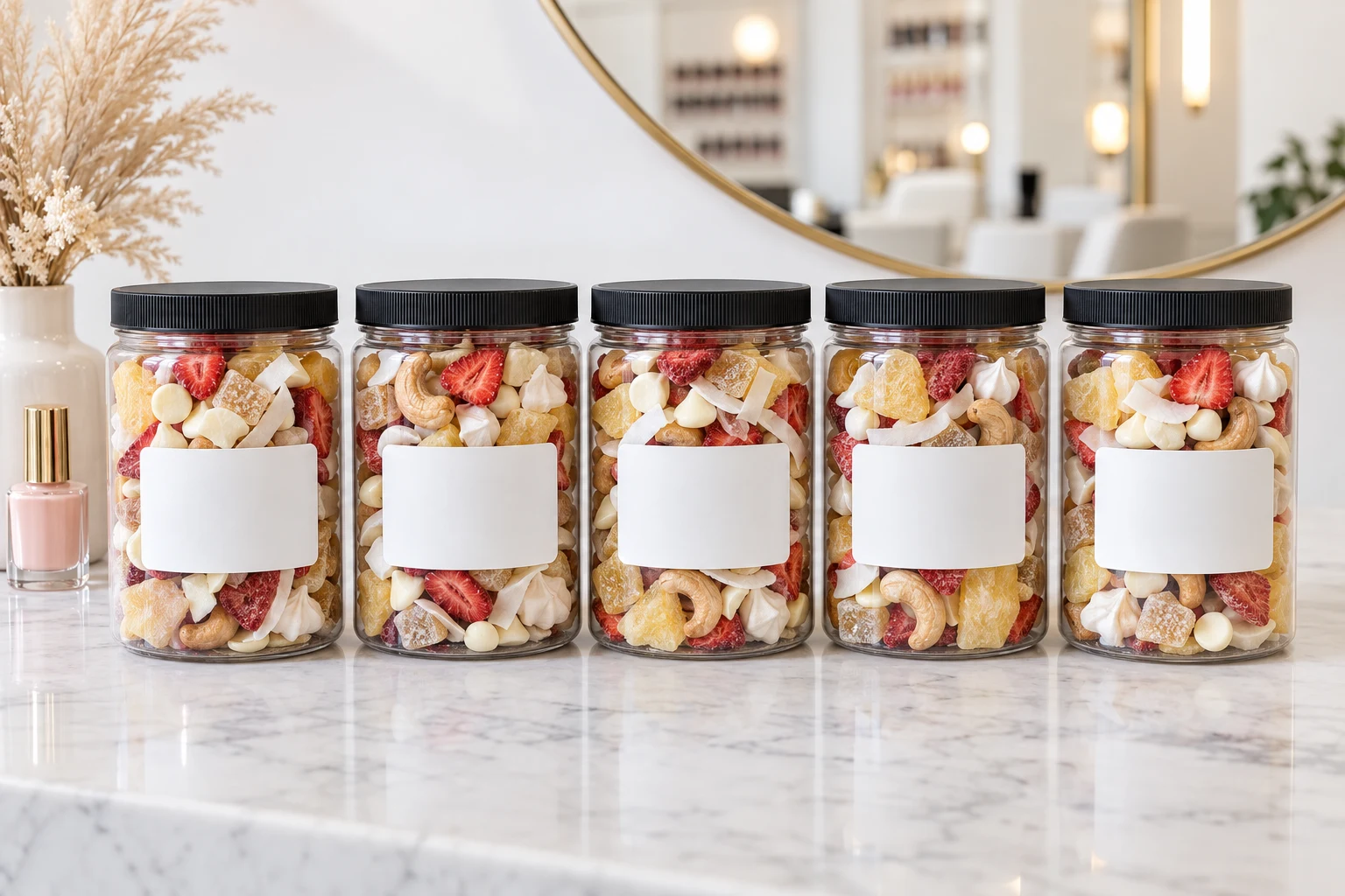 Snack jars with a salon's name on the stickers on a marble reception counter beside a vase of dried flowers and a bottle of nail polish