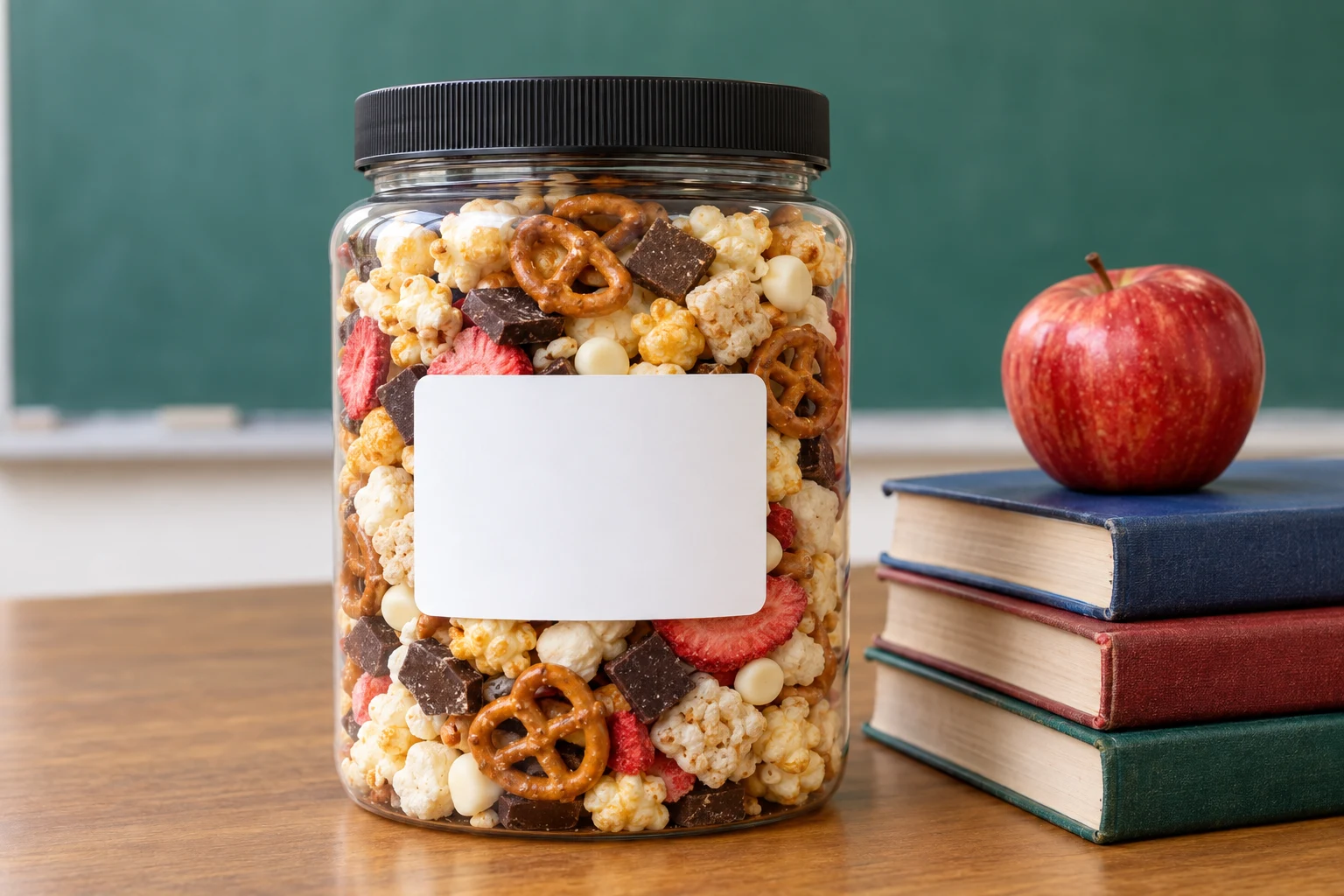 A snack jar with a teacher's name on the sticker on a wooden desk beside a stack of books and an apple