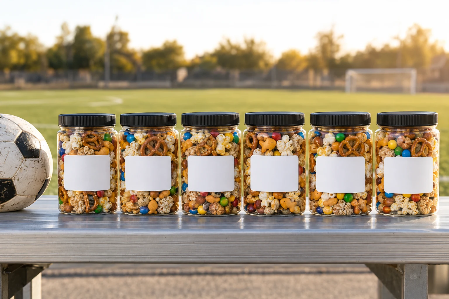 Snack jars with players' names and numbers on the stickers lined up on a bleacher beside a soccer ball