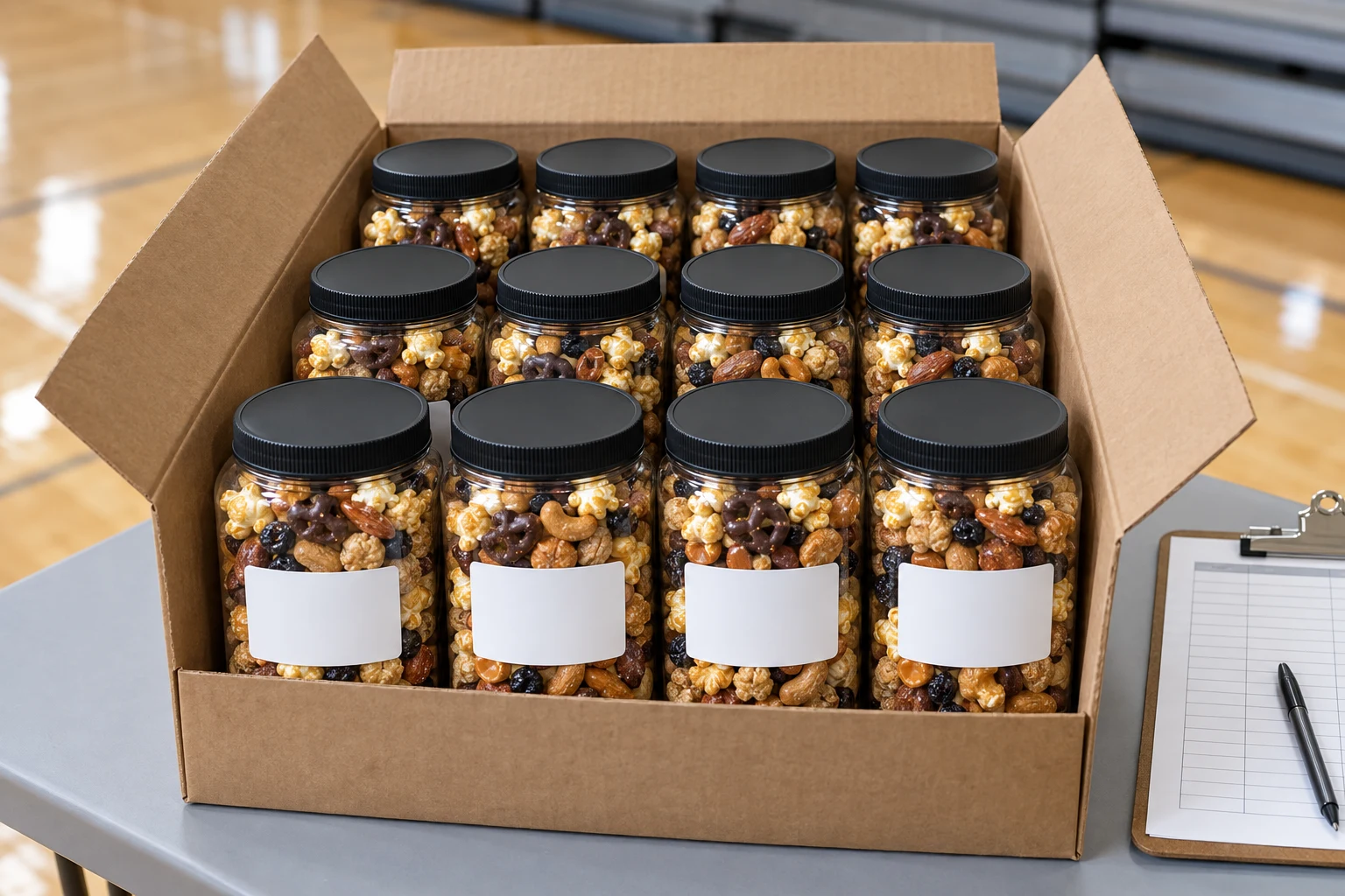 A box of snack jars with volunteers' names on the stickers on a folding table in a school gym beside a clipboard