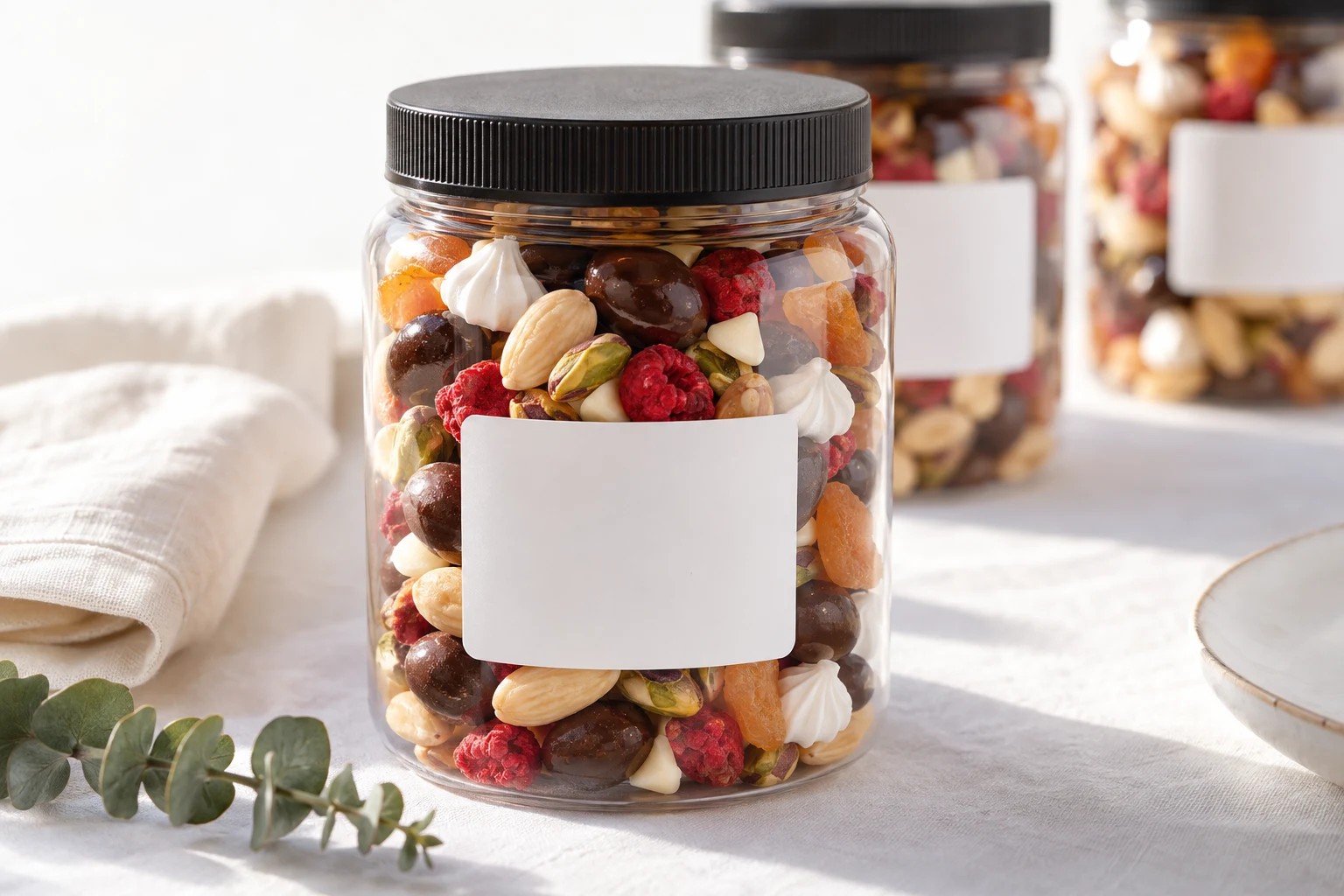 A snack jar with two names on the sticker at a set table beside a folded linen napkin and a sprig of eucalyptus