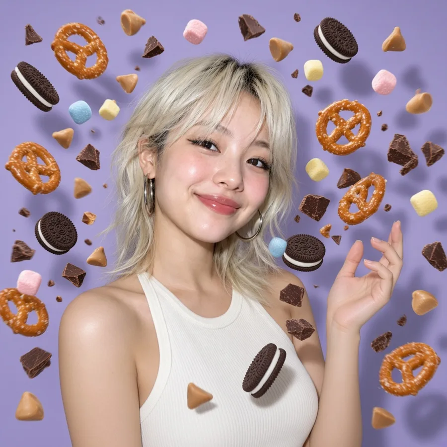 Mei Tanaka, with the ingredients of Midnight Munch mid-air