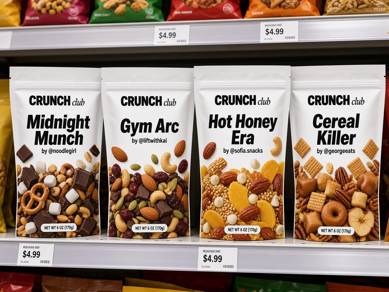 Concept render: four white Crunch Club bags on a store shelf, each printed with a photo of the mix inside: Midnight Munch, Gym Arc, Hot Honey Era and Cereal Killer