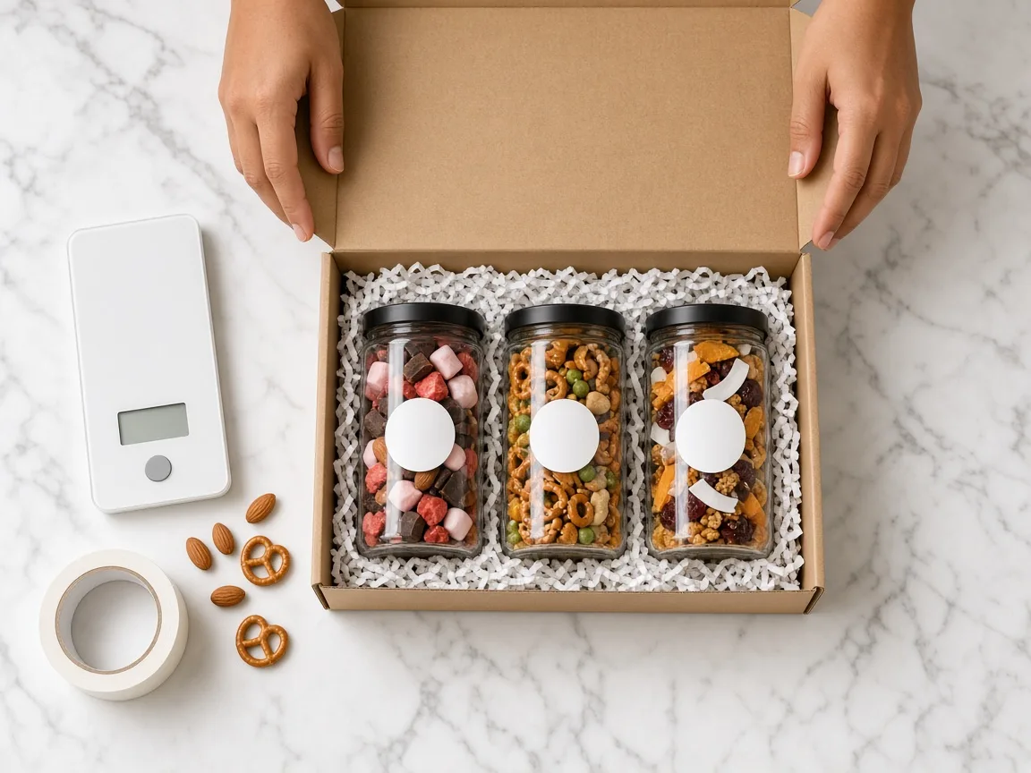 Three jars of snack mix packed in a kraft mailer box beside a kitchen scale, seen from above