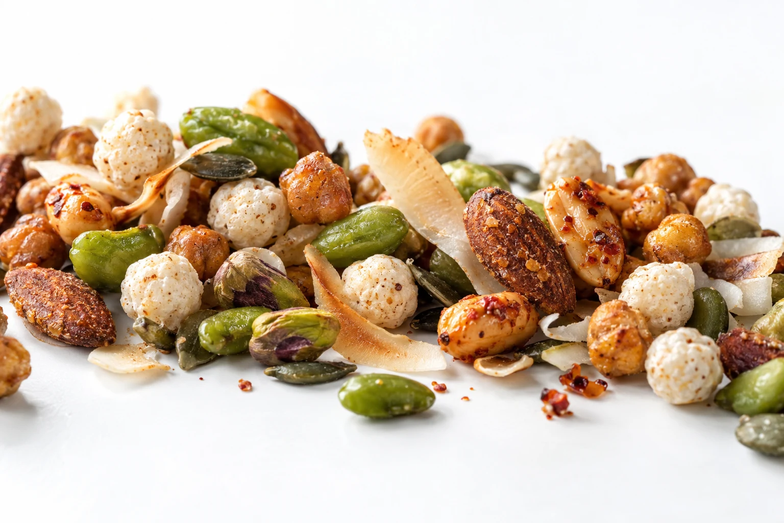 Vanilla protein puffs, roasted edamame, pepitas, pistachios, coconut curls, smoked almonds and chili crisp peanuts spilled across a white surface