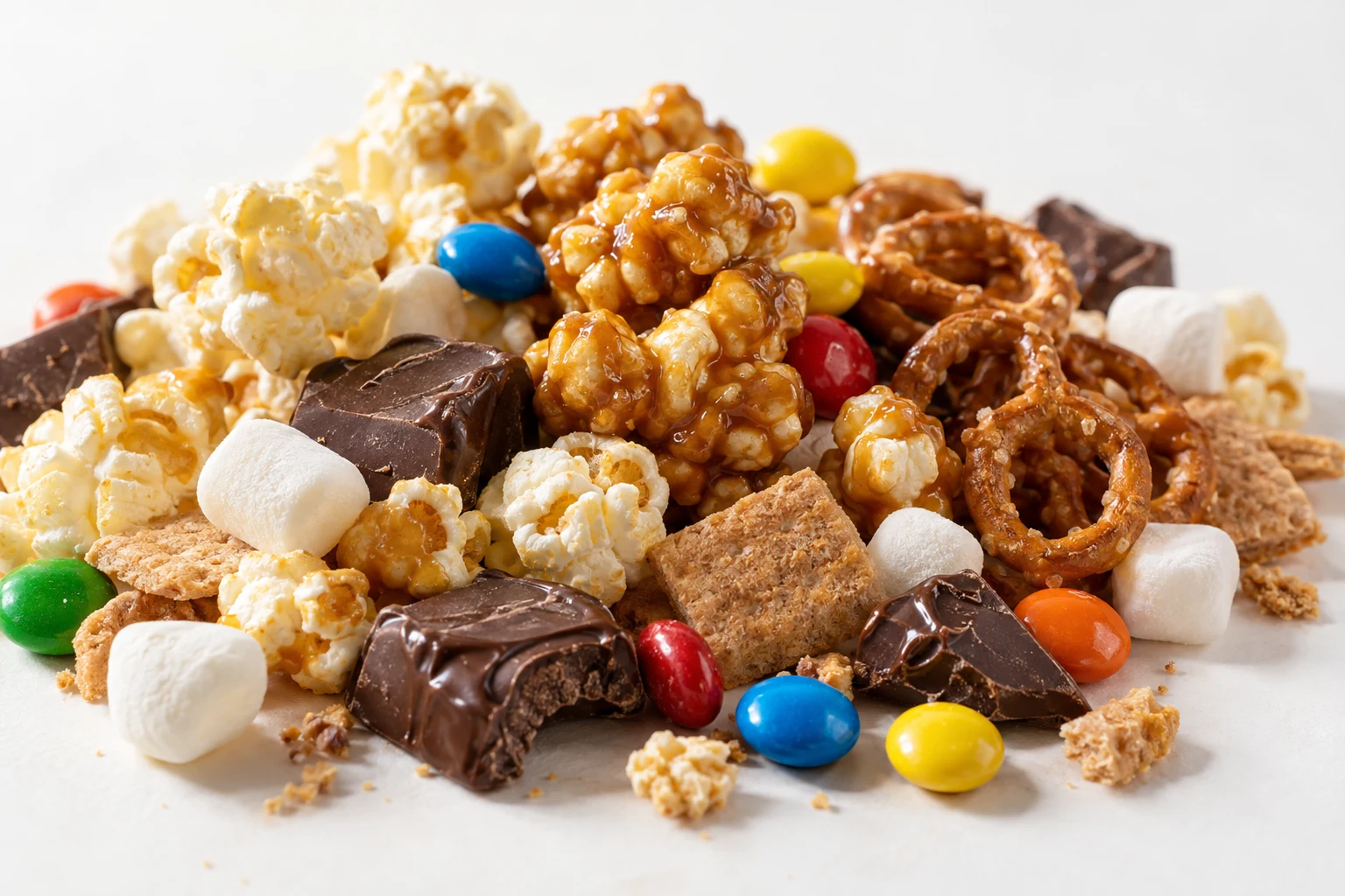 Kettle corn, caramel corn clusters, dark chocolate chunks, mini pretzels, candy-shell chocolate gems, graham bites and marshmallows under a warm lamp