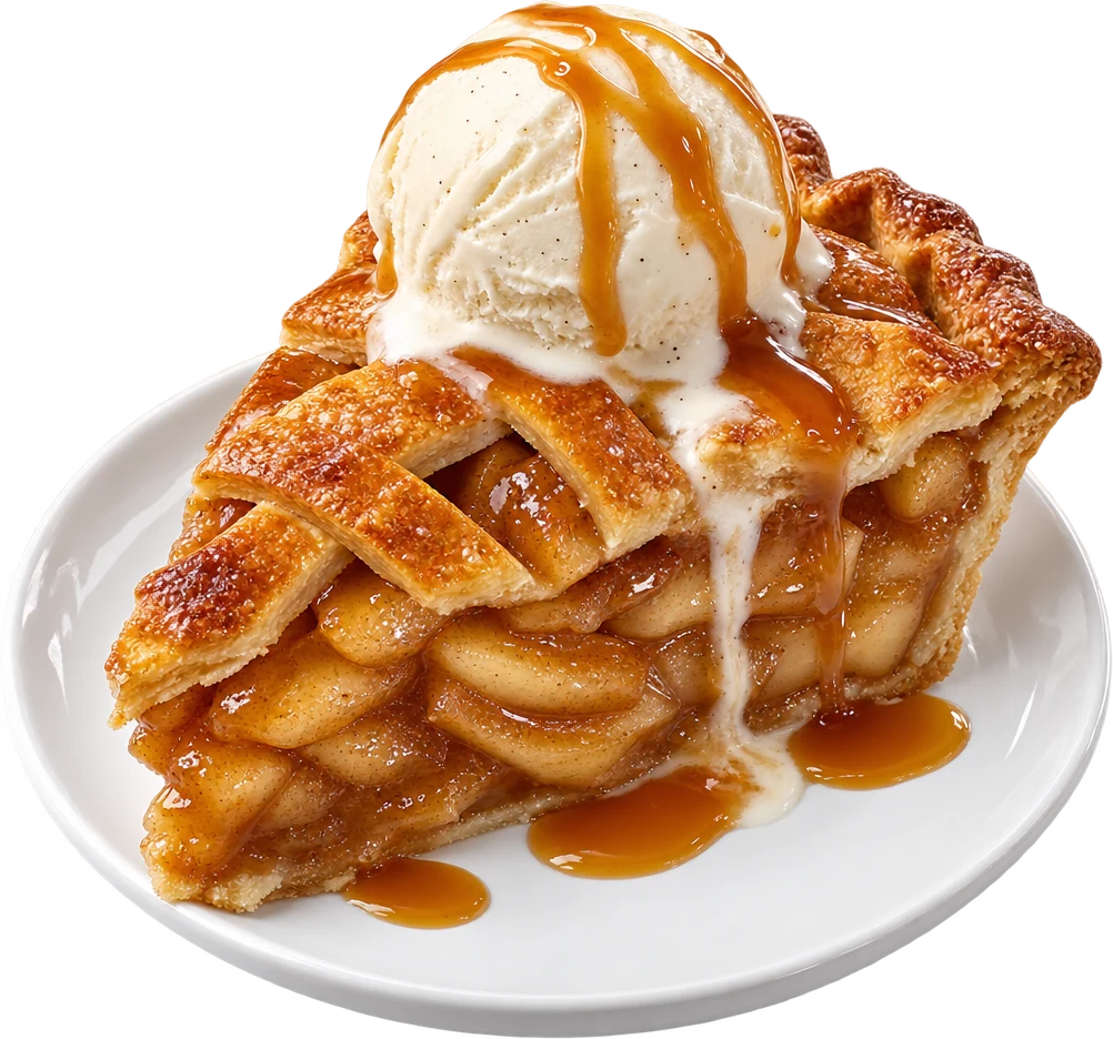 A wedge of apple pie with a scoop of vanilla ice cream on top