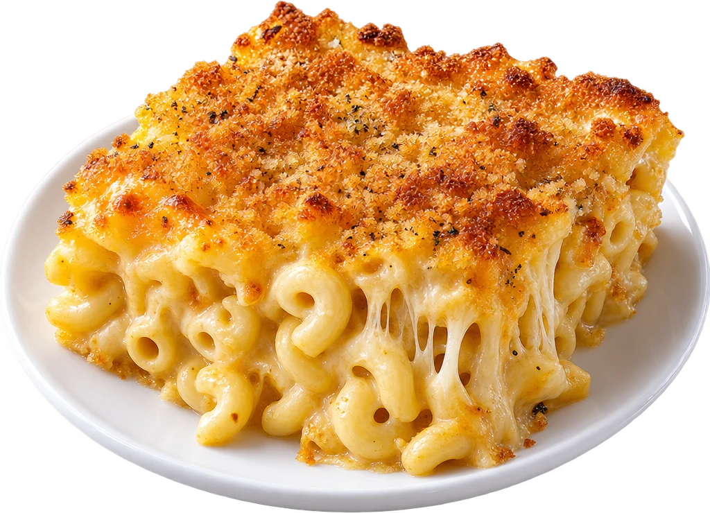 A square of baked mac and cheese with a breadcrumb crust