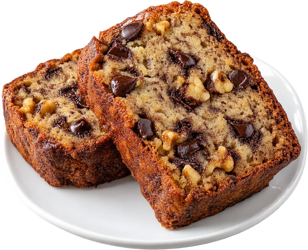 Two slices of banana bread with walnuts and chocolate chips