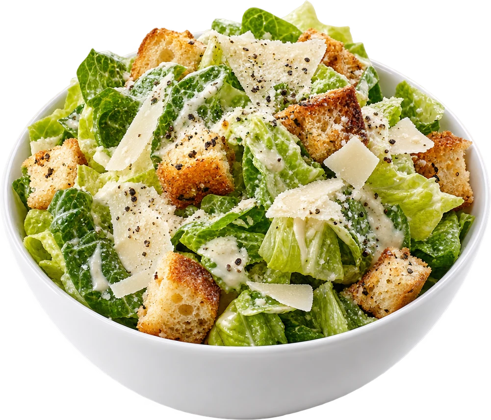 A Caesar salad with croutons and shaved parmesan