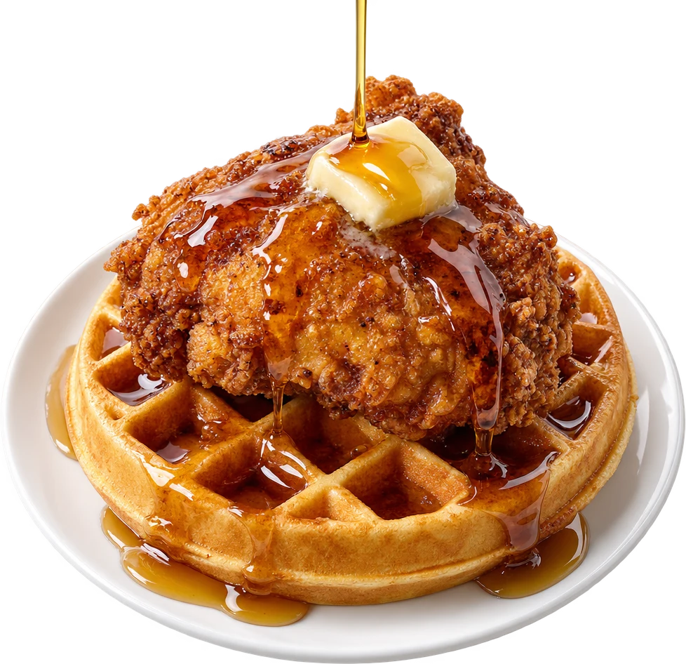 Fried chicken on a waffle with maple syrup