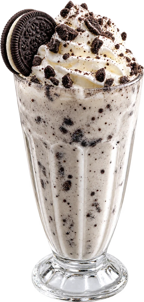 A cookies and cream milkshake with a cookie on the rim