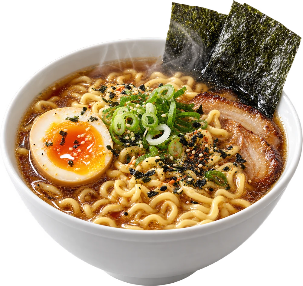A bowl of ramen with nori, egg and scallions