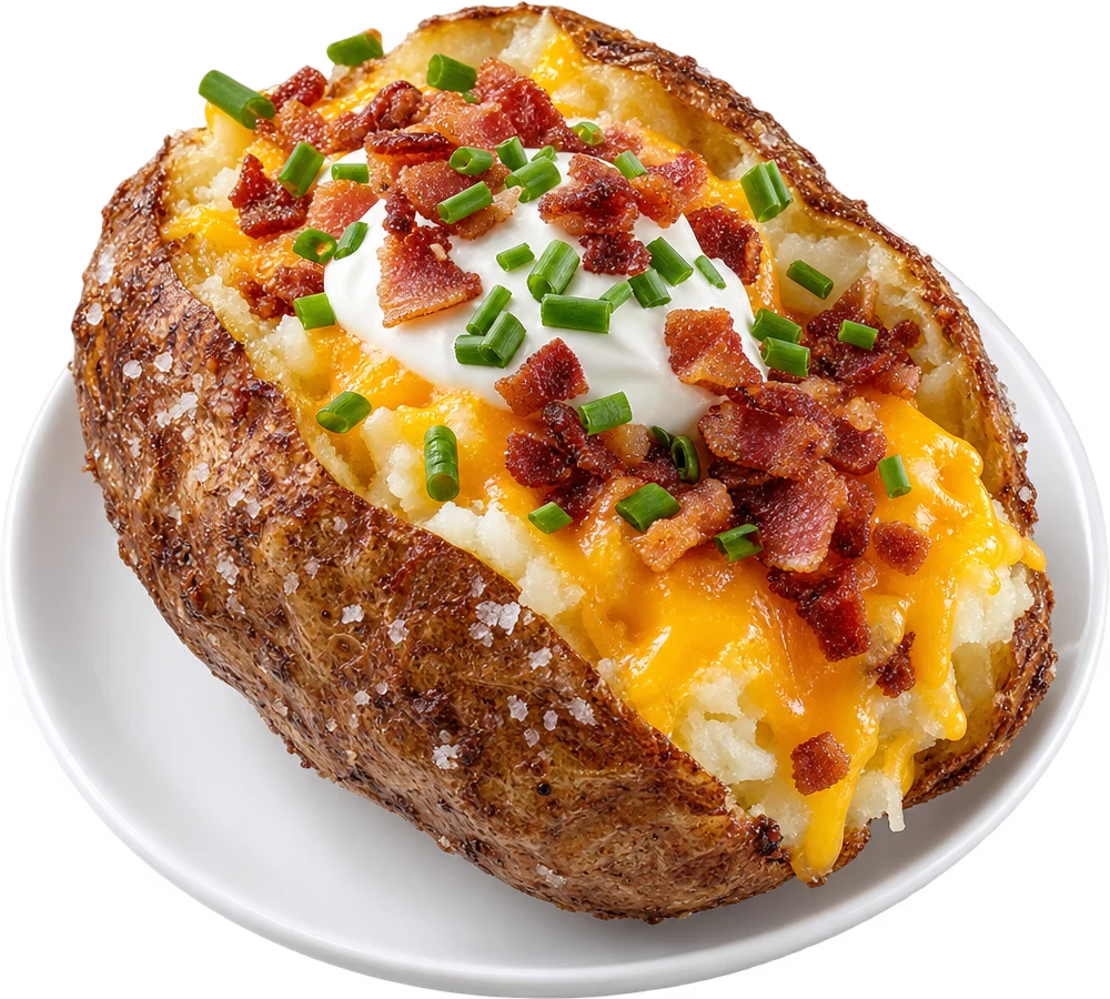 A loaded baked potato with cheddar, sour cream, bacon and chives
