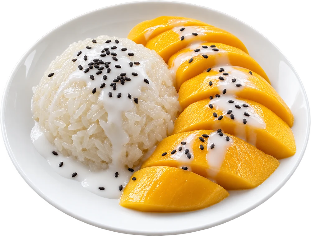 Mango sticky rice with coconut cream and black sesame
