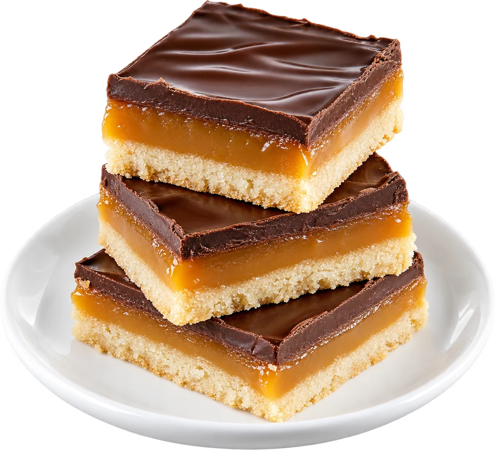 Squares of millionaire's shortbread with three visible layers