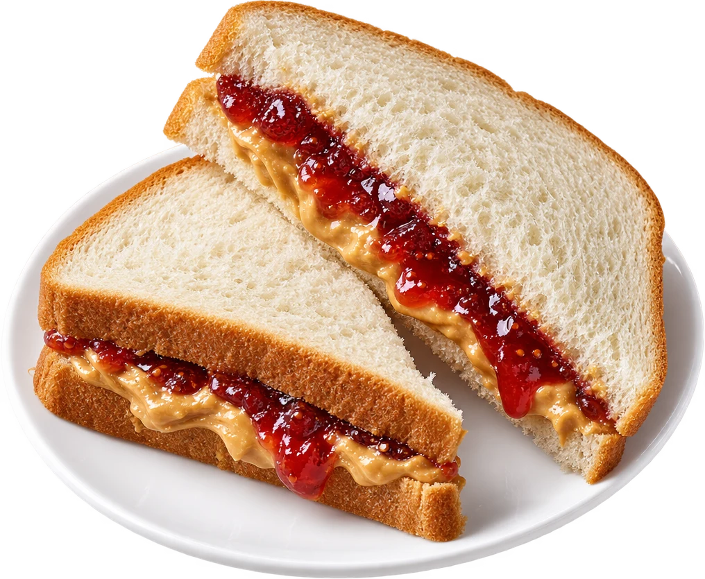 A peanut butter and jelly sandwich cut in half