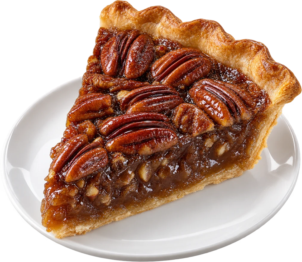 A wedge of pecan pie with a glossy caramel filling