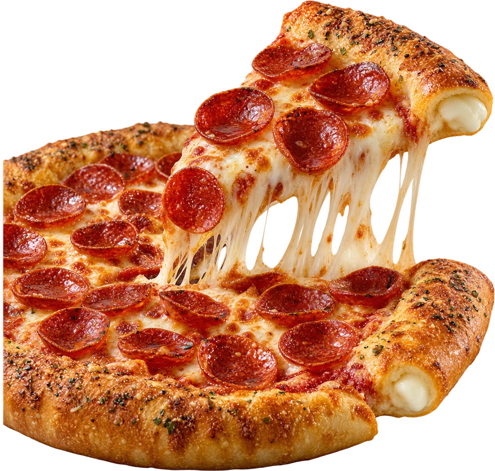 A slice of pepperoni pizza with a cheese pull