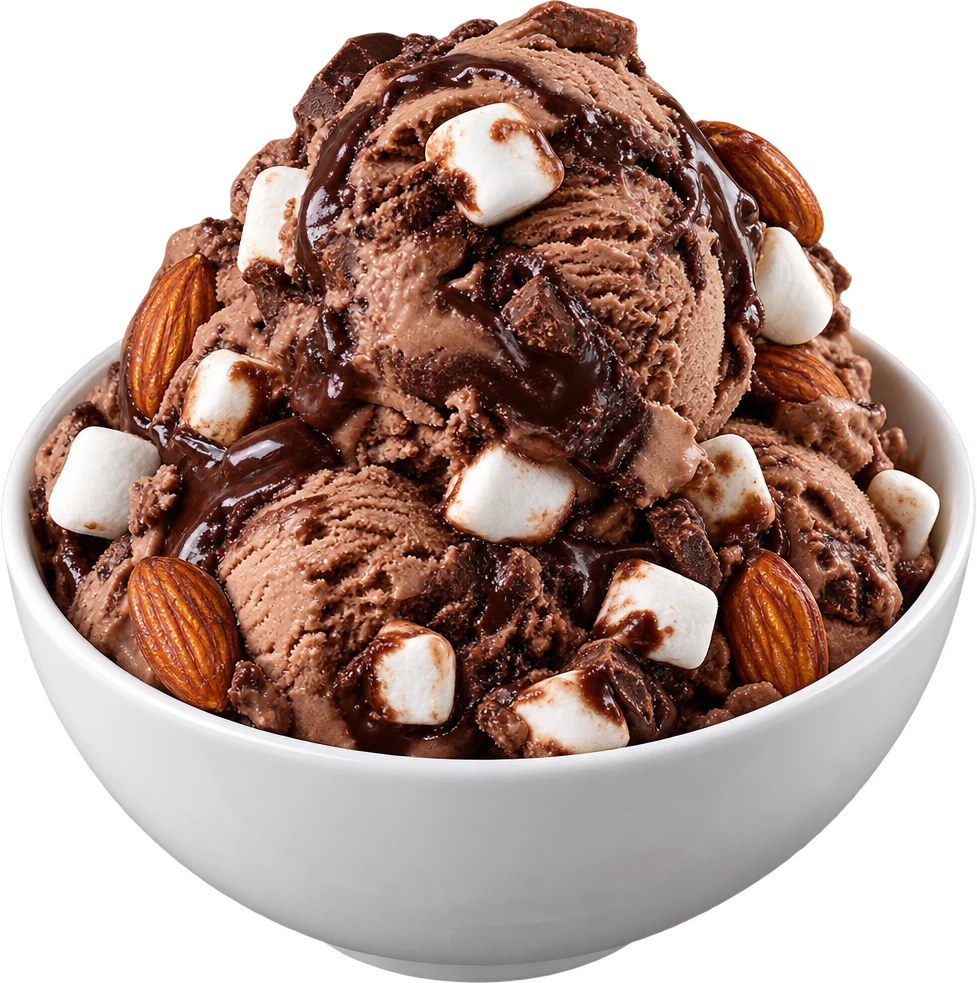 A scoop of rocky road ice cream with marshmallows and almonds