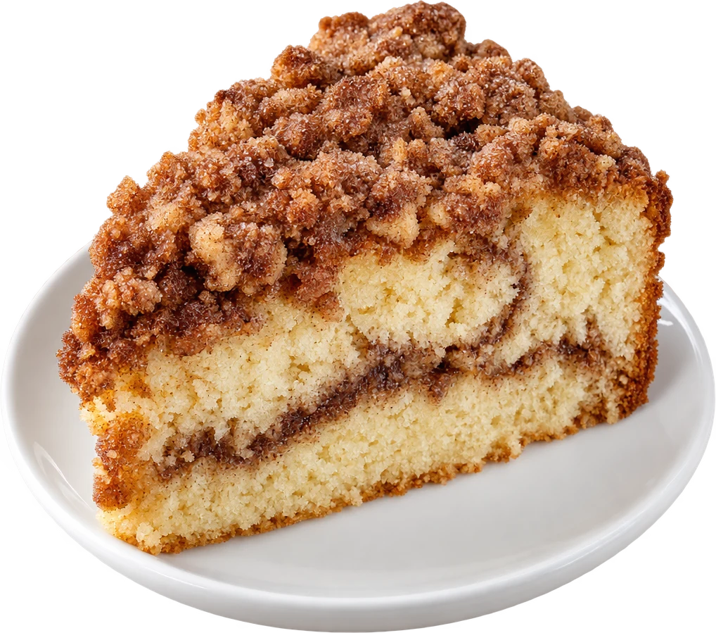 A slice of sour cream coffee cake with a thick streusel top