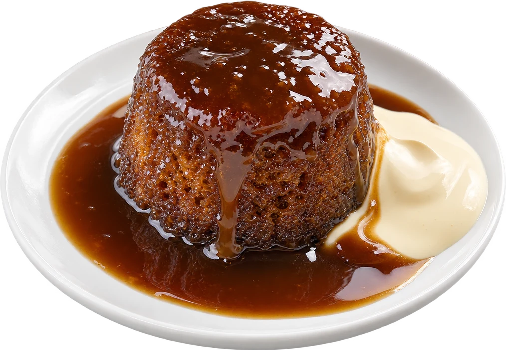 A sticky toffee pudding drenched in toffee sauce