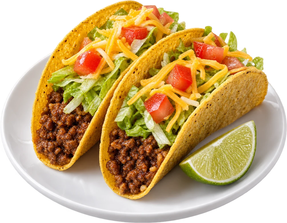 Two crunchy tacos with a lime wedge